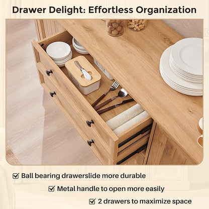 Farmhouse 58" Buffet Cabinet with Storage, 34" Tall Sideboard Cabinet w/2 Large Drawers & 4 Grooved Barn Doors, Wood Rustic Sideboard for Dinning Room, Kitchen, Living Room,Natural