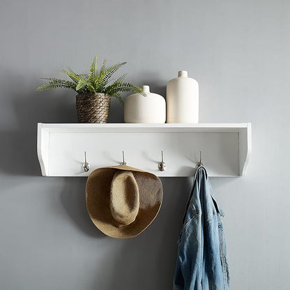 Crosley Furniture Harper Entryway Storage Wall Shelf, with Coat Rack Hooks for Hanging, White