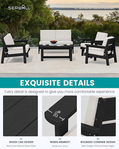 SERWALL HDPE Patio Furniture Set, 5 Piece All Weather Wood-Like Sectional Outdoor Furniture Set, Black Patio Sofa Couch with Khaki Cushions for Deck, Lawn