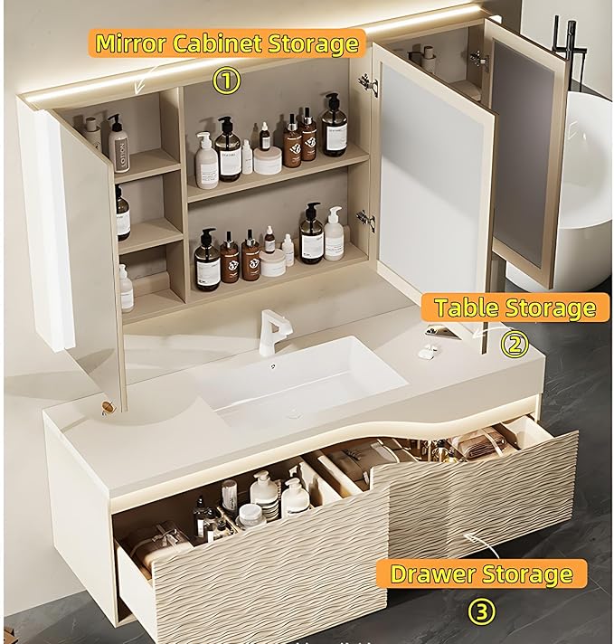 48in Elegant Modern Luxury Bathroom Vanity with Sink - Wall Mounted Solid Wood Cabinet & Smart LED Defogging Mirror | Single Sink Bathroom Cabinets