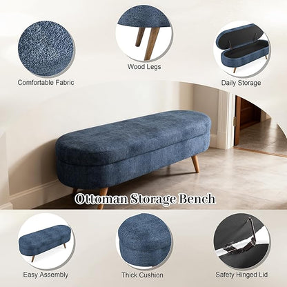 Storage Ottoman Bench 43" Storage Bench for Bedroom, Upholstered Soft Boucle Fabric End of Bed with Safety Hinge Solid Wood Legs Foot Stool Benches for Hallway,Closet,Oval, Entryway, Dark Blue