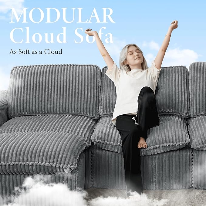 110'' Boneless Modular Cloud Couch for Living Room, Comfy Cloud Modular Sectional Couch with Ottoman, Convertible L Shaped Couches for Apartment, Dorm, No Assembly Required, Grey Corduroy
