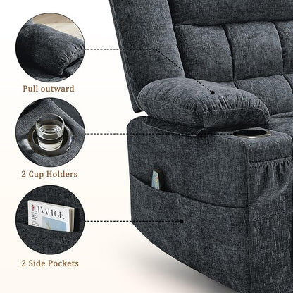 360° Swivel Rocker Recliner for Adults, Nursery Glider Recliner with Massage and Heating, Rocking Chair with Cup Holder, Manual Recliner Chair for Living Room, Bedroom (Fabric, Dark Gray)
