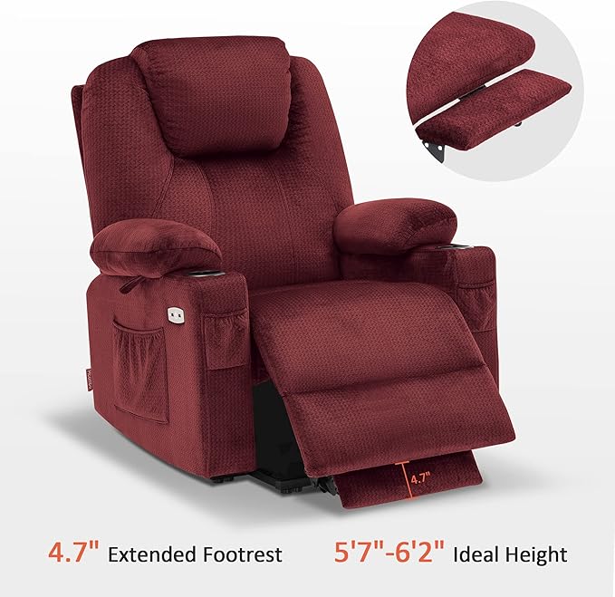 MCombo Power Lift Recliner Chair for Elderly, Lift Chair with Heat and Massage for Tall People, USB&Type C Ports, Extended Footrest, Cup Holders, Fabric 7516(Large,Carmine Red)