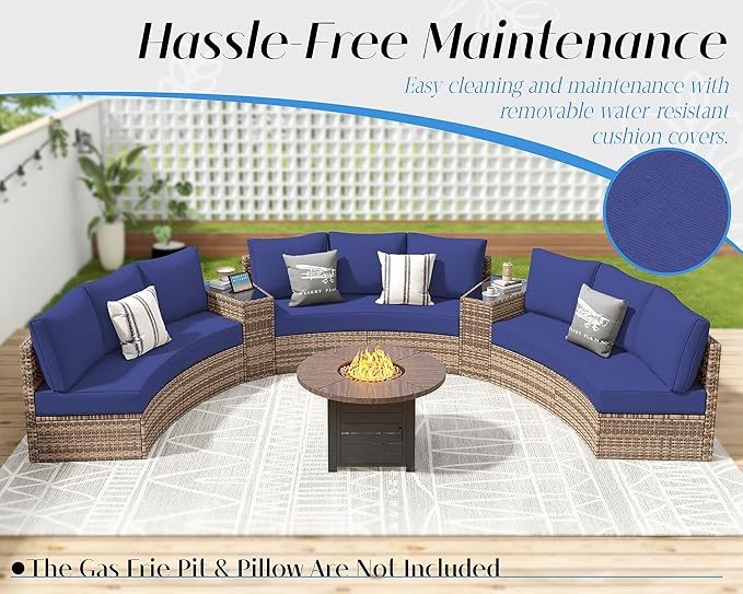 Patio Furniture Sets, 11 Piece Half-Moon Sectional Round Sofa Set, Outdoor Patio Furniture with Cushions & Wedge Table for Beach, Pool, Balcony, Blue