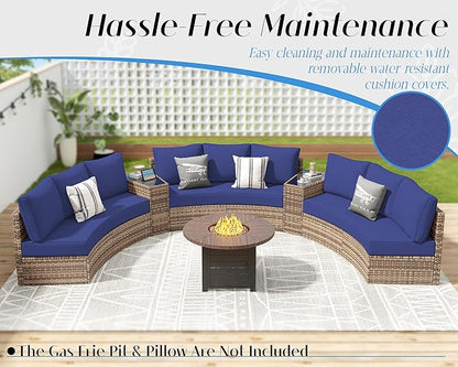 Patio Furniture Sets, 11 Piece Half-Moon Sectional Round Sofa Set, Outdoor Patio Furniture with Cushions & Wedge Table for Beach, Pool, Balcony, Blue