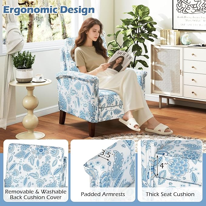 GOFLAME Floral Accent Chairs Set of 2, Comfy Upholstered Armchairs with Rubber Wood Legs and Thick Padded Cushion, High Back Single Sofa Chairs, Reading Side Chairs for Living Room, Bedroom, Blue