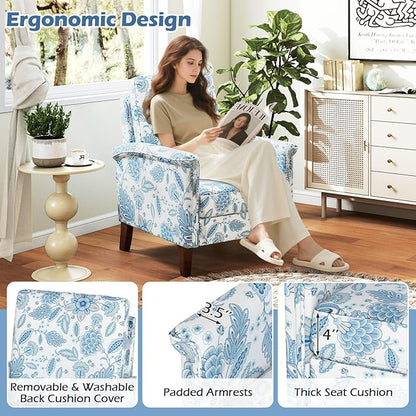 GOFLAME Floral Accent Chairs Set of 2, Comfy Upholstered Armchairs with Rubber Wood Legs and Thick Padded Cushion, High Back Single Sofa Chairs, Reading Side Chairs for Living Room, Bedroom, Blue