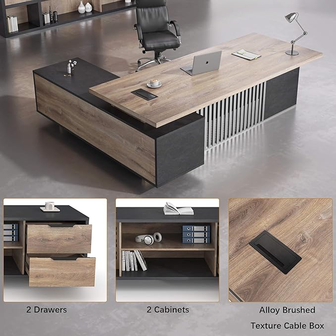 78.7 Inch Large Executive Desk with Drawers Cabinet, L Shaped Office Desk, Computer Desk with Universal Charging Ports and Cable Management for Business Furniture Set Workstation for Home Office