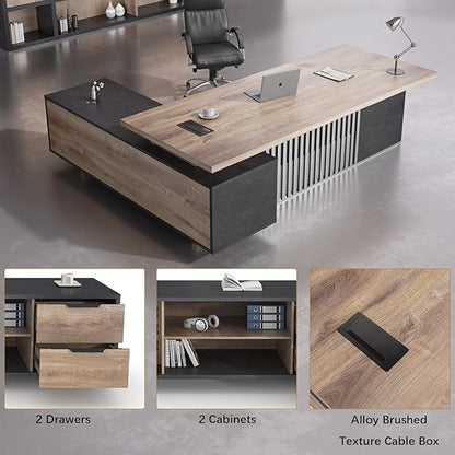 78.7 Inch Large Executive Desk with Drawers Cabinet, L Shaped Office Desk, Computer Desk with Universal Charging Ports and Cable Management for Business Furniture Set Workstation for Home Office