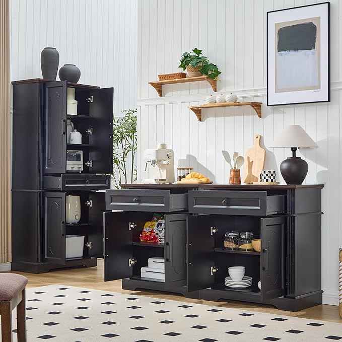 Black Farmhouse Storage Cabinet with 2 Doors and 1 Drawer, Adjustable Shelf, Freestanding Kitchen Pantry Cabinet, Modern Buffet Sideboard Coffee Bar Cabinet Living Room Bathroom Dining Room