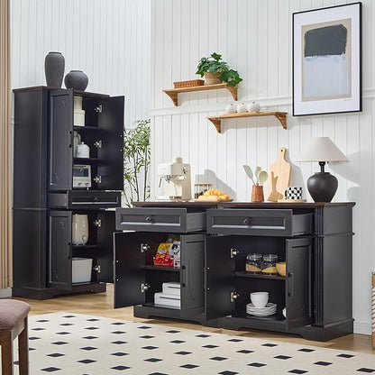 Black Farmhouse Storage Cabinet with 2 Doors and 1 Drawer, Adjustable Shelf, Freestanding Kitchen Pantry Cabinet, Modern Buffet Sideboard Coffee Bar Cabinet Living Room Bathroom Dining Room
