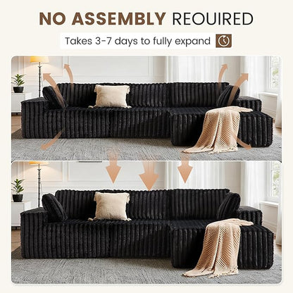 Apicizon 113" Modular Sectional Couch for Living Room, L Shaped Sectional Sofa Couch with Deep Seat, Boneless Sleeper Sofa with Chaise Longue for Apartment，No Assembly Required (Plush Corduroy Black)