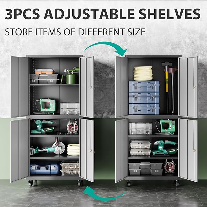 SISESOL Metal Storage Cabinet with Wheels,Rolling Garage Storage Cabinet with Lock,Gray Lockable Metal Cabinets with Shelves,Tall Tool Cabinets on Wheels for Garage,Home,Office,Shop