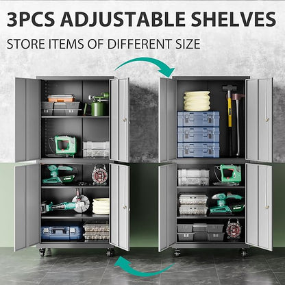 SISESOL Metal Storage Cabinet with Wheels,Rolling Garage Storage Cabinet with Lock,Gray Lockable Metal Cabinets with Shelves,Tall Tool Cabinets on Wheels for Garage,Home,Office,Shop