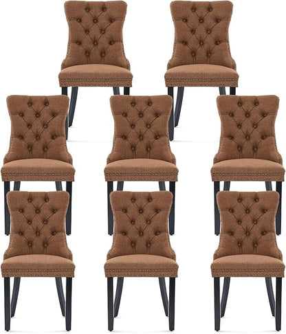 Linen Upholstered Dining Chairs Set of 8, Modern Style Kitchen Side Chairs with Nailhead Trim and Wood Leg, Metal Pulling Ring for Dining Room Living Room(Coffee,Set of 8)