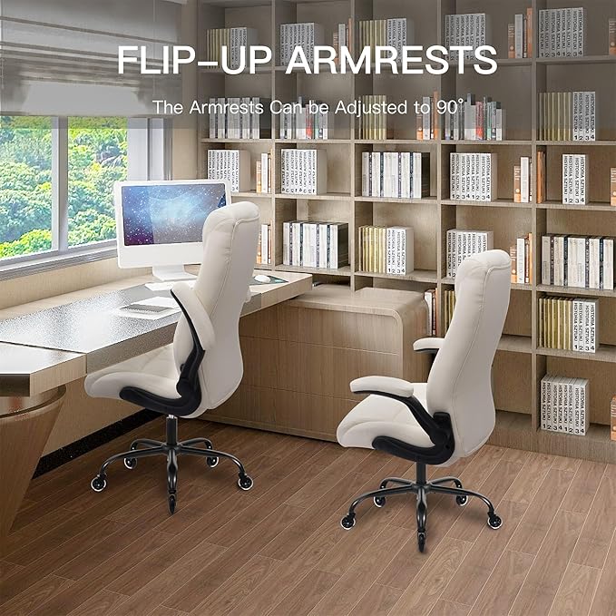 Big and Tall Office Chair for Heavy People, Executive Desk Computer Chair Adjustable Flip-up Armrests for Women, PU Leather Swivel Task Chair with Ergonomic High Back and Lumbar Support (White)