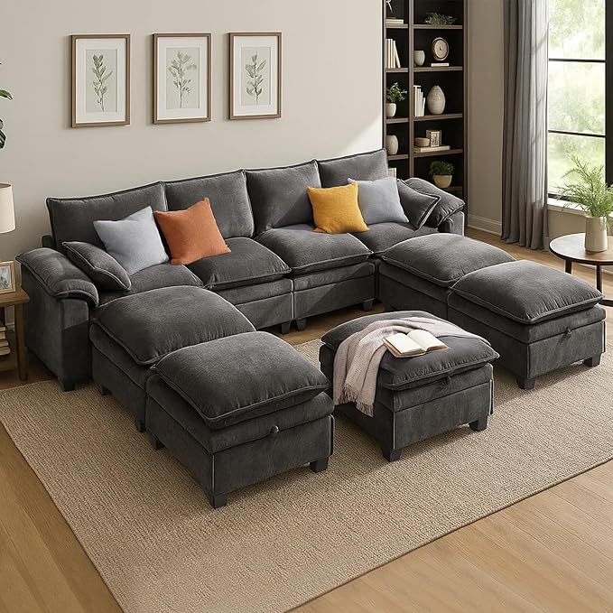 130" U Shaped Modular Sectional Sofa, Couch with Ottoman Storage, Chenille Cloud Couch with Plush Deep Seating for Living Room, Bedroom (9 Seat, Grey)