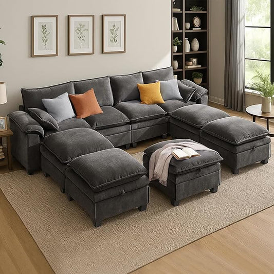 130" U Shaped Modular Sectional Sofa, Couch with Ottoman Storage, Chenille Cloud Couch with Plush Deep Seating for Living Room, Bedroom (9 Seat, Grey)