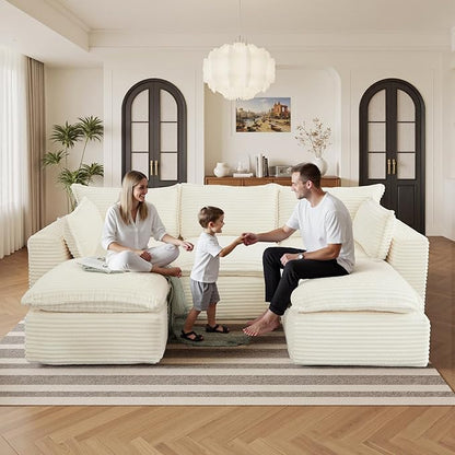 108" Sectional Couches for Living Room Boneless Couch Upholstered Cloud Couch Sectional Modular Sectional Sofa with L Shaped (Corduroy-White, 3 Seat+2 Ottoman)