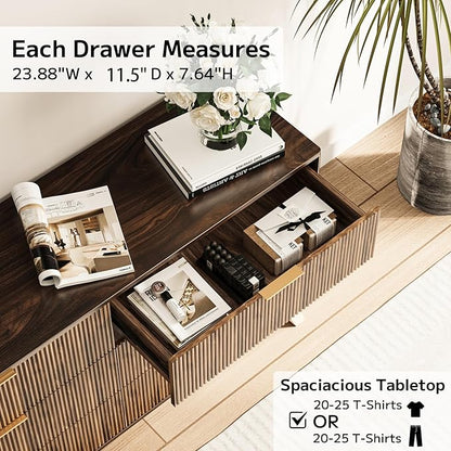 6 Drawer Dresser, 53.43 Inch Fluted Wood Double Dresser Curved Design Wide Storage Organizer Cabinet Mid Century Modern Chest Dressers for Bedroom Living Room Entryway(Walnut)