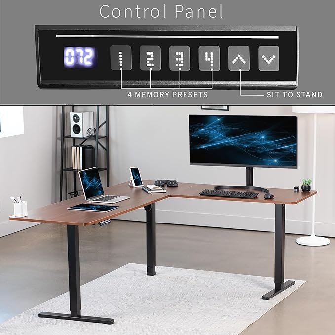 VIVO Corner Standing Desk, 75 x 63 inch Reversible L-Shaped Workstation, Electric Height Adjustment, Home, Office, and Reception Rooms, Dark Walnut Table Top Black Frame, DESK-E3CTD-75