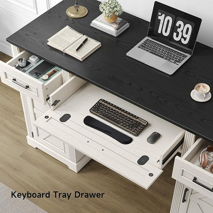 ONBRILL 59 inch Farmhouse Executive Desk with Drawers, Home Office Desk with File Cabinet, Outlets, Storage Cabinet, Keyboard Tray, Wood Computer Desk for Work Study Writing (Off White & Black)