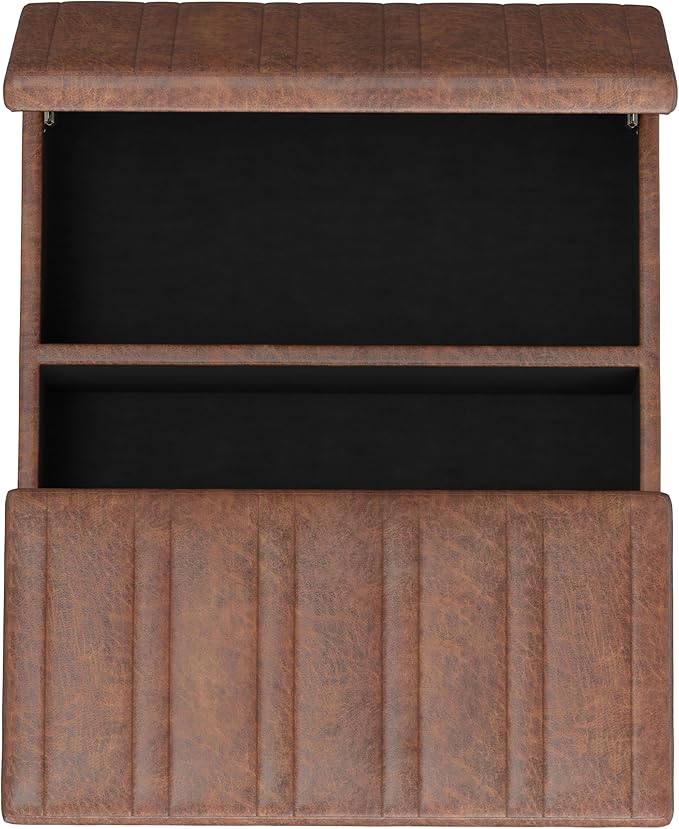 SIMPLIHOME Ellis 36 inch Wide Contemporary Square Coffee Table Storage Ottoman in Distressed Saddle Brown Vegan Faux Leather, Assembled, For the Living Room and Bedroom