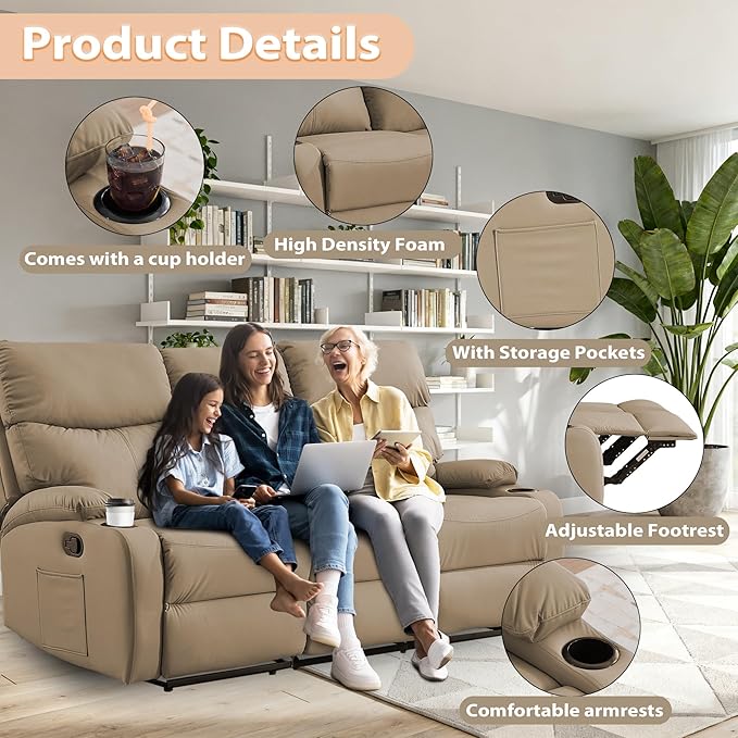 3-Seater Manual Seater Reclining Anti-Scratch 3 Seat Reclining Sofa with Side Pocket and Cupholders Reclining Loveseat Sofa for Living Room Meeting Room Bedroom Office Apartment