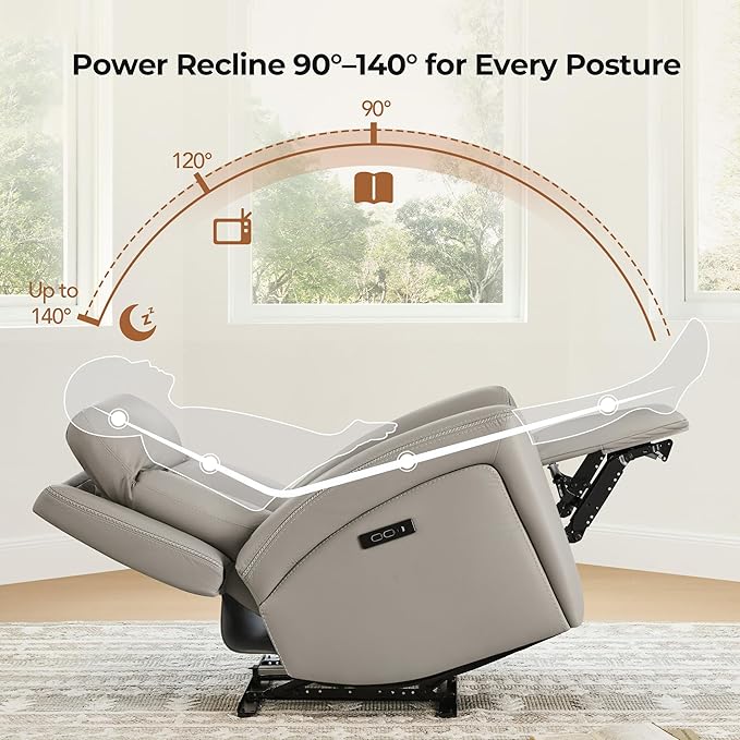 CHITA Genuine Leather Power Recliner Chair for Adults, Super Zero Gravity Recliner with Adjustable Power Headrest & USB/Type-C Ports, for Living Room, Bedroom & Home Theater, Light Gray