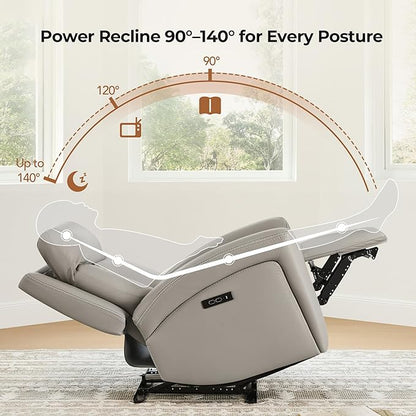 CHITA Genuine Leather Power Recliner Chair for Adults, Super Zero Gravity Recliner with Adjustable Power Headrest & USB/Type-C Ports, for Living Room, Bedroom & Home Theater, Light Gray