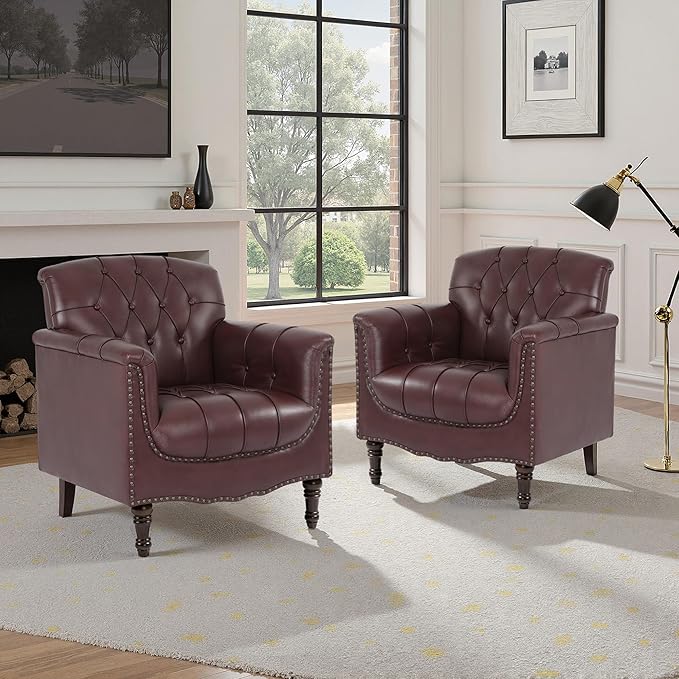 Faux Leather Accent Chair, PU Leather Modern Comfy Upholstered Armchair with Wood Legs & Nailhead Trim for Living Room, Bedroom