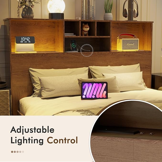 Apicizon 65" Queen Size Storage Headboard, Wood Headboard with Charging Station, Queen with Power Outlets, Ajustable LED Lights for Bedroom, Brown