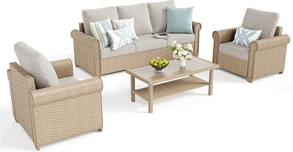 Patio Furniture Set 4 pcs, Wicker Rattan Sofa with 5.5” Thick Waterproof Cushions, 2 Chairs and Coffee Table, All Weather Outdoor Conversation Set for Backyard Deck, 5 Seats Beige