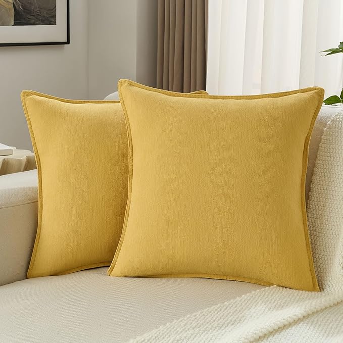 FUTEI Mustard Yellow Chenille Throw Pillow Covers 18x18 Inch Set of 2,Edges Double-Stitched Cushion Cases,Modern Home Decor for Couch Living Room