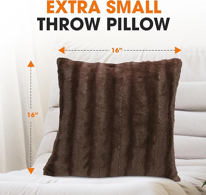 Cheer Collection Faux Fur Throw Pillows - Decorative Pillows for Couch, Bed Throw Pillows, Chocolate Accent Pillows for Bedroom or Living Room Aesthetic, Set of 2 Furry Throw Pillows, 16" x 16"