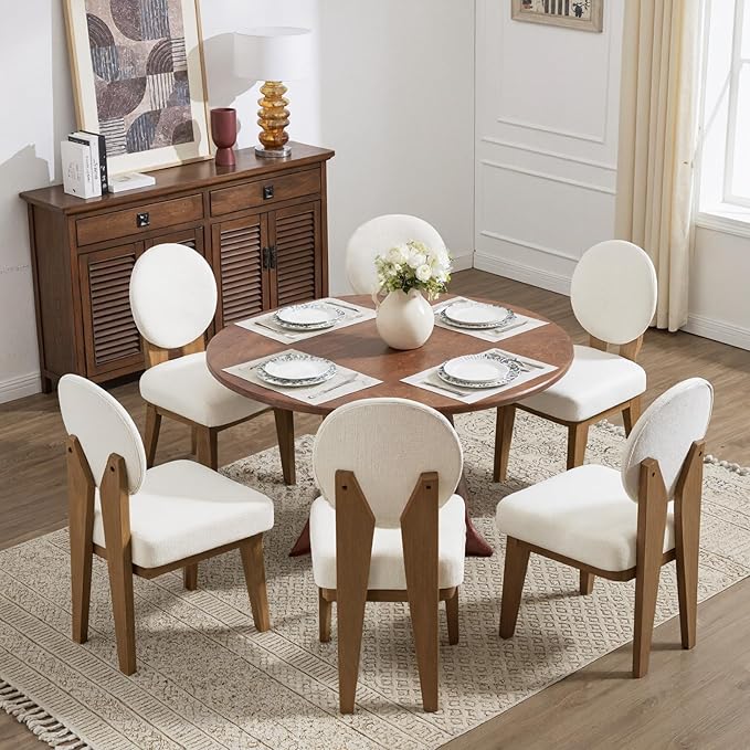 Mid-Century Modern Walnut Dining Chairs Set of 6, Vintage White Wooden Kitchen Chairs, Retro Upholstered Linen Cushioned Seat with Curved Backrest, Armless Accent Side Chair for Bedroom