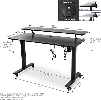 Stand Steady Tranzendesk Power | 55 Inch Electric Standing Desk with Built-In Charging | Height Adjustable Stand Up Desk with Clamp On Shelf | Electronic Desk with 1 AC Outlet & 2 USB Ports (55/Black)