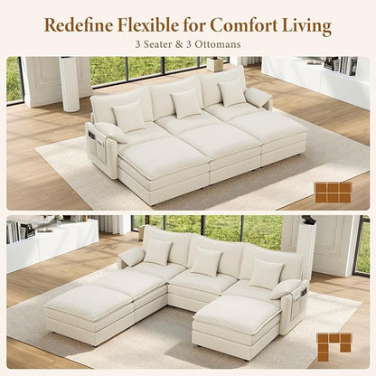 Vesgantti 108" Sectional Sleeper Sofa, 6-Seater Oversized Modular Cloud Couch with Movable Ottoman, Chenille Large Sofa Bed Convertible Deep Seat Couches for Living Room, Bedroom and Apartment, White