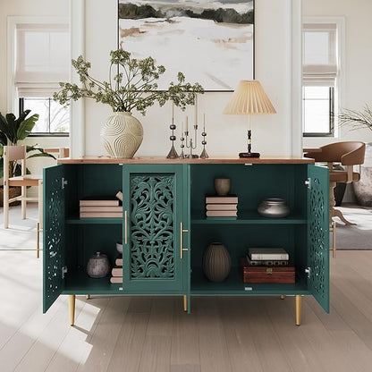 ARTPOWER 47.8" Accent Cabinet with 4 Doors, Vintage Hollow Carving Buffet Cabinet, Sideboards and Buffets with Storage, Credenza for Living Room, Kitchen, Dining Room, Entryway, Hallway, Green