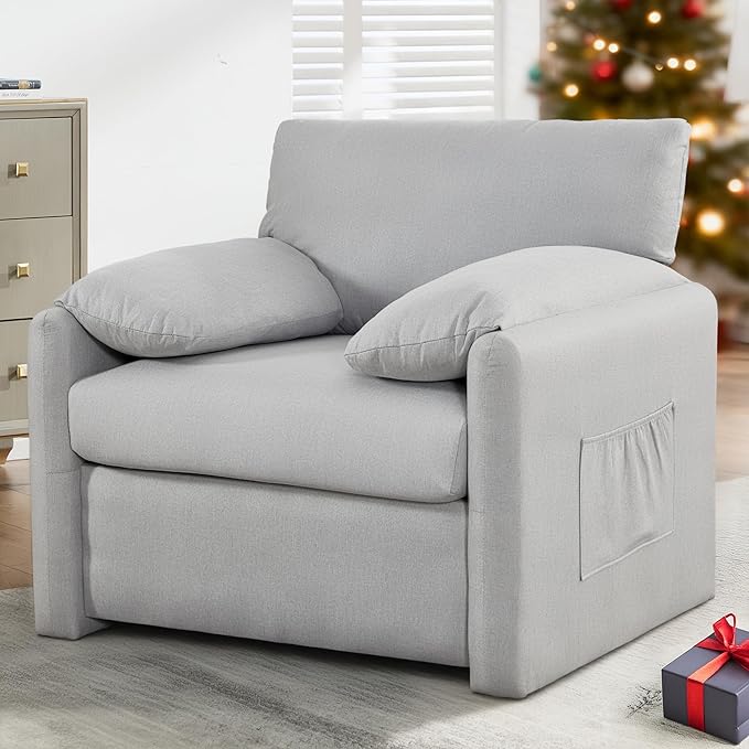 Oversized Accent Chair Mid-Century Modern Armchair for Living Room,USB and Type-C Ports,Comfy Reading Chairs for Bedroom with Side Pockets,Extra-Wide Single Sofa Chair (LightGrey, Set of 1)