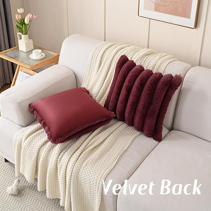 FUTEI Christmas Burgundy Decorative Throw Pillow Covers 20x20 Inch Set of 2, Square Soft Faux Rabbit Fur Thick Striped Cushion Cover,Winter Home Decor for Couch Bed Living Room
