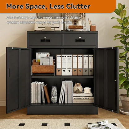 BESFUR 36" H Metal Storage Cabinet with 2 Lockable Drawers and 2 Lockable Doors, Black Locking Cabinet with Adjustable Shelf, Metal Cabinet for Home Office, Garage,School, Warehouse, Utility Room