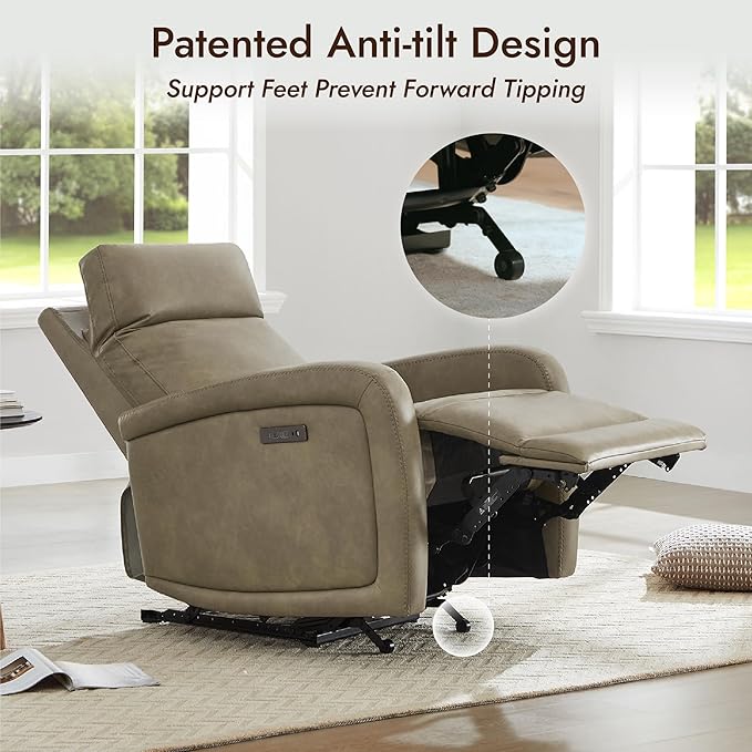 Watson & Whitely Power Recliner Chair, Zero Wall Hugger Recliners with Adjustable Headrest Type-C Charger, Faux Leather Single Sofa Chair RV Recliners for Small Space Living Room, Grey