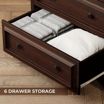 Farmhouse 6 Drawer Dresser, 48" Tall Dresser Chest of Drawers with Natural Texture & Metal Handles, Storage Dressers Organizer for Bedroom, Living Room, Hallway, Vintage Design (Cherry)