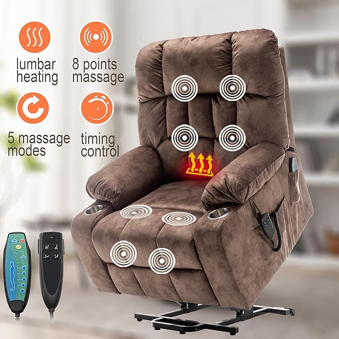 Large Power Lift Recliner Chair with Massage and Heat for Elderly,Overstuffed Wide Recliners,Breathable Leather with 2 Cup Holders,Dual OKIN Motor,Recline up to 180 Degrees