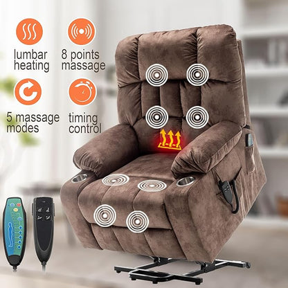 Large Power Lift Recliner Chair with Massage and Heat for Elderly,Overstuffed Wide Recliners,Breathable Leather with 2 Cup Holders,Dual OKIN Motor,Recline up to 180 Degrees