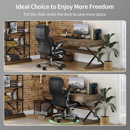 Big and Tall Office Chair with 5D Arms, 600lbs Heavy Duty Desk Chair with Adjustable Lumbar Support, PU Leather High Back Ergonomic Executive Computer Chair with 3'' Silent Casters