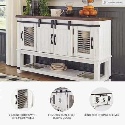 Signature Design by Ashley Valebeck Farmhouse Dining Room Server or Buffet Cabinet, White & Brown