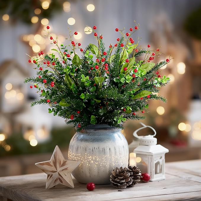 2PCS Artificial Pine Branches with Red Berry Pine Cones Artificial Needles Branches Greenery Stems Fake Greenery Floral Arrangements